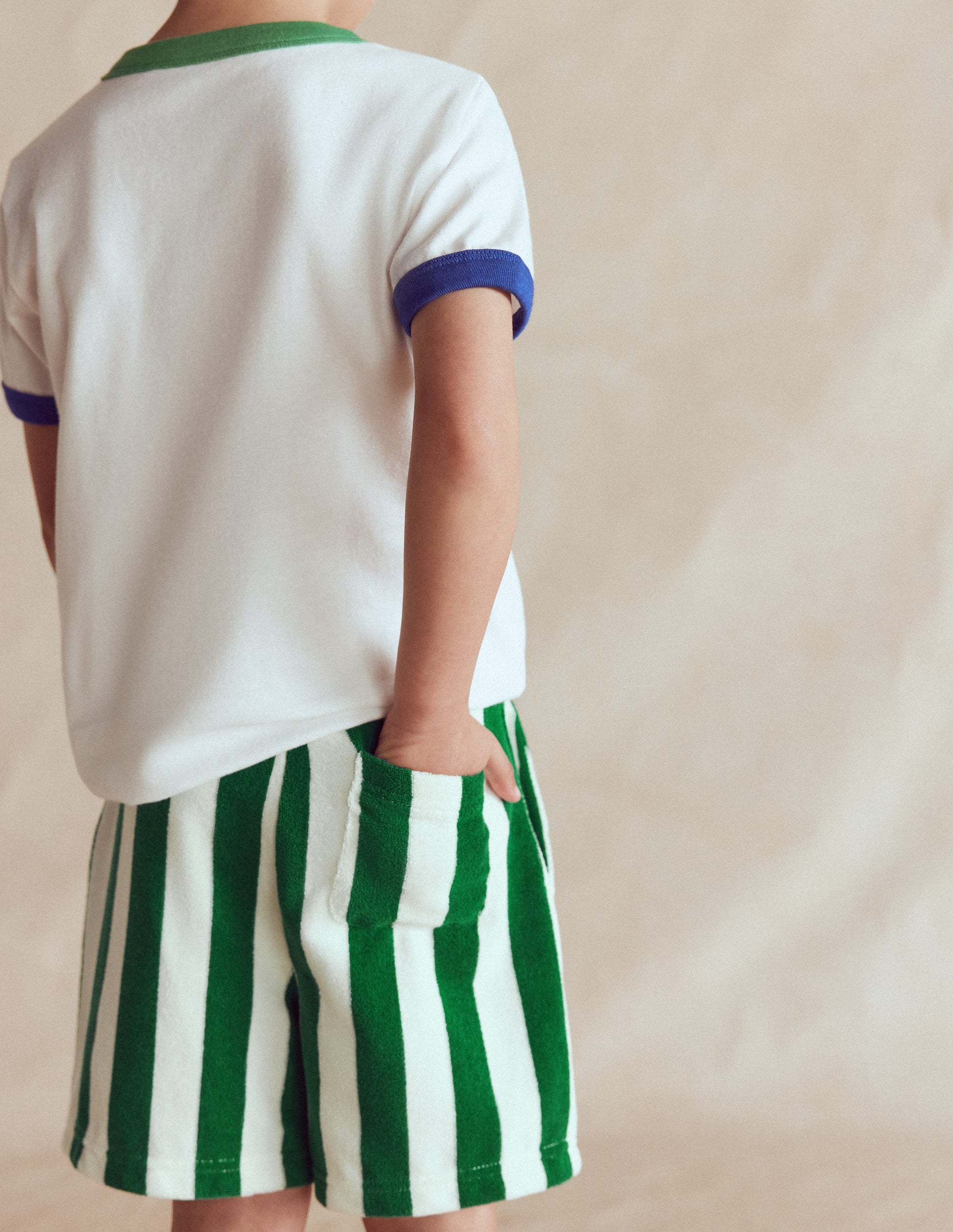 Towelling Shorts-Green and Ivory Stripe-2