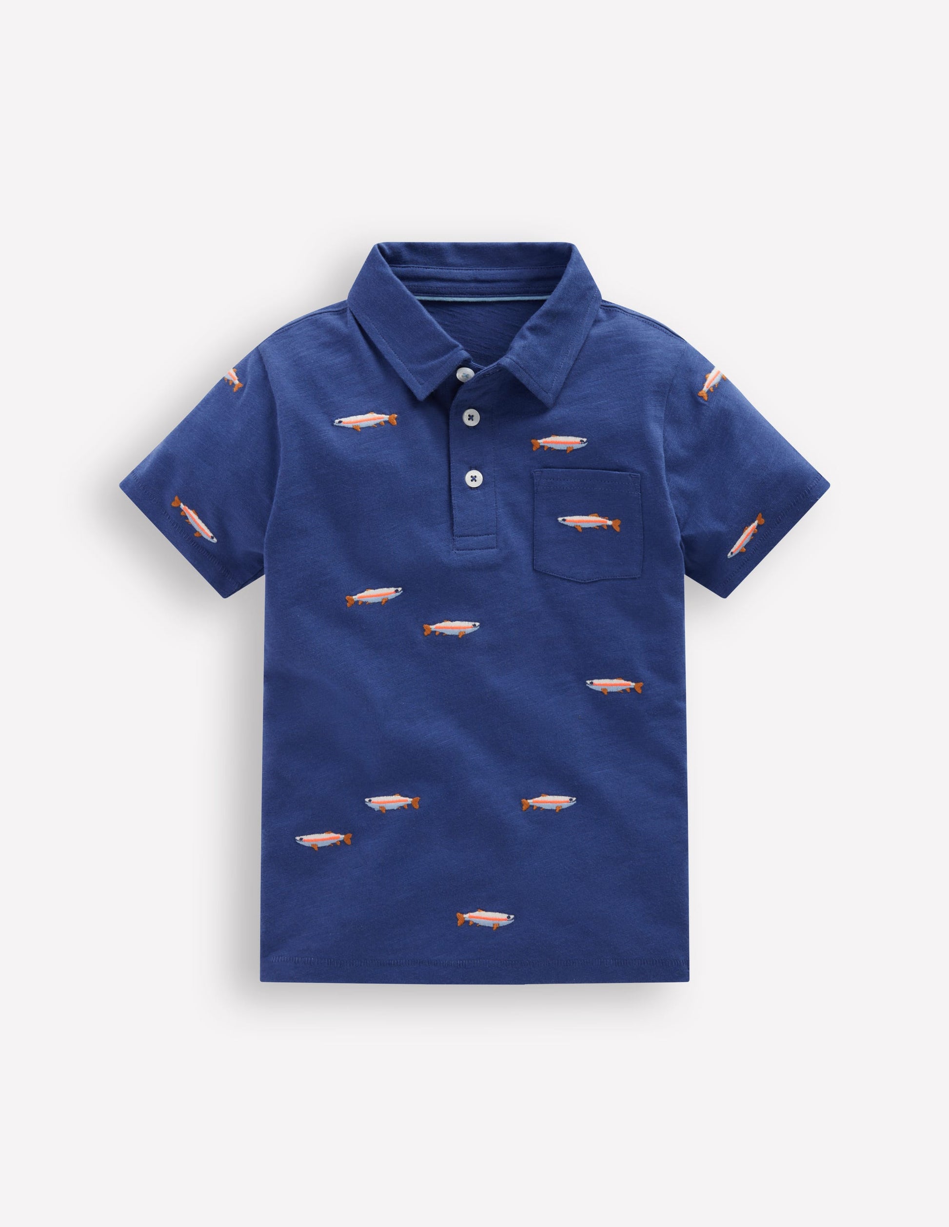 Embroidered Slub Polo Shirt-Blue Fishing-1