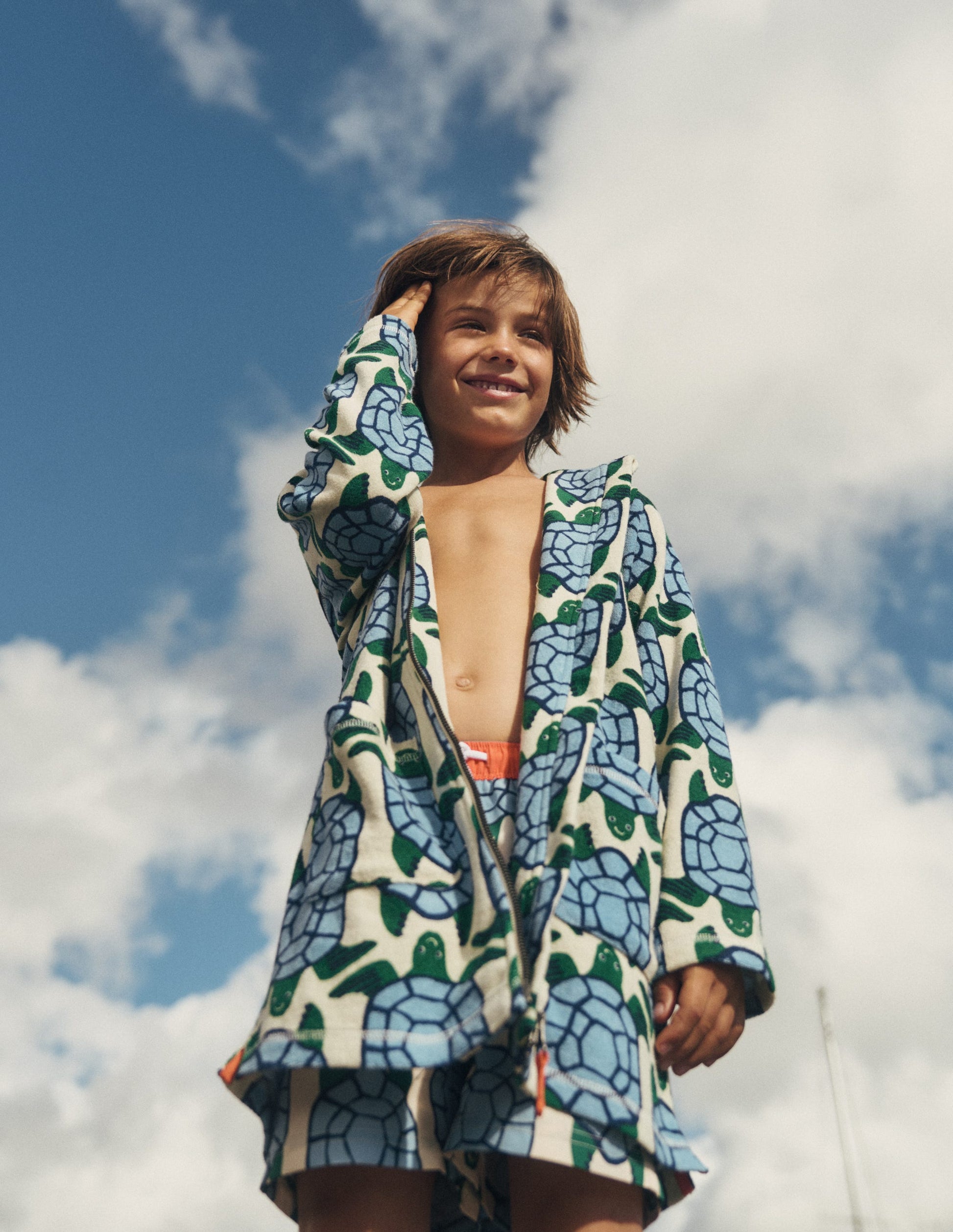 Towelling Zip-Up Throw-On-Calico White Turtles-1