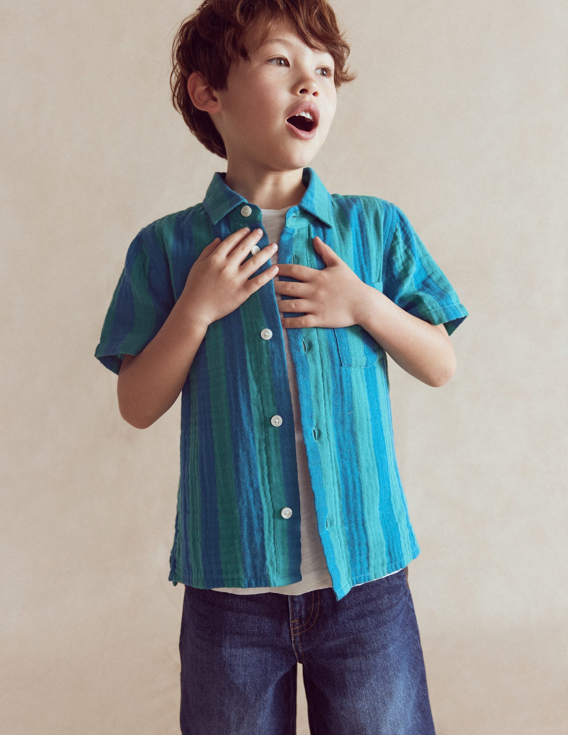 Double Cloth Shirt-Green and Blue Stripe-2