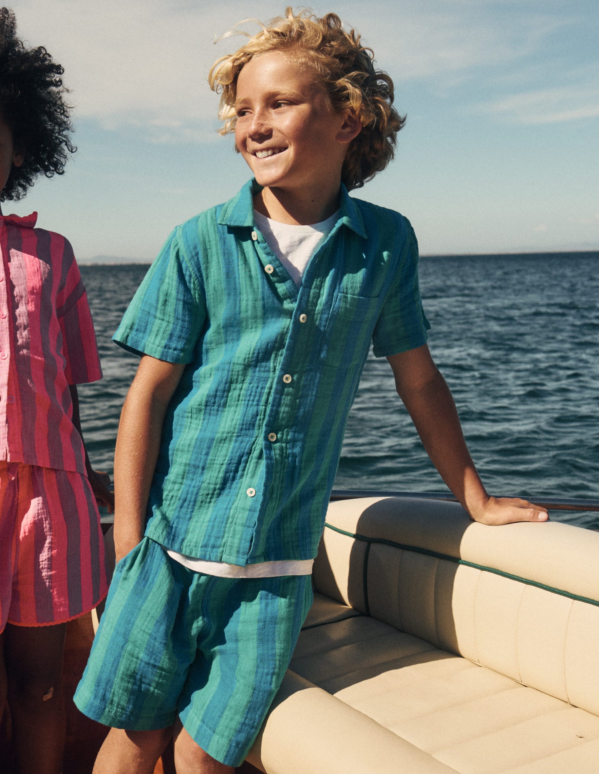 Double Cloth Shorts-Green and Blue Stripe-1