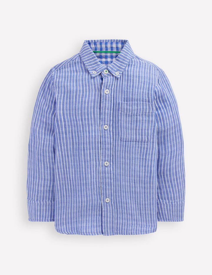 Double Cloth long Sleeve Shirt-Blue Stripe and Gingham