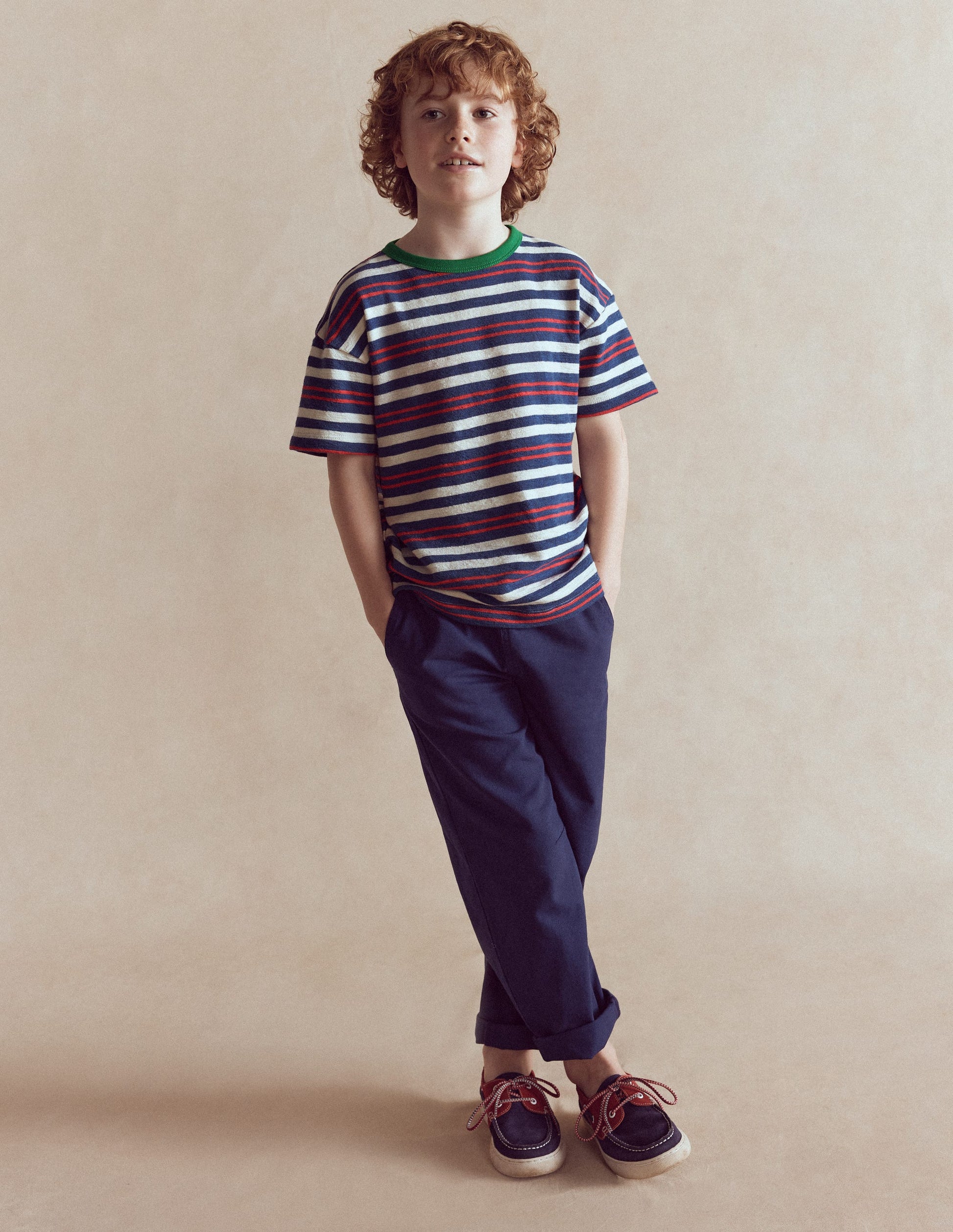 Textured Striped T-shirt-Denim Blue / Jam Red-1