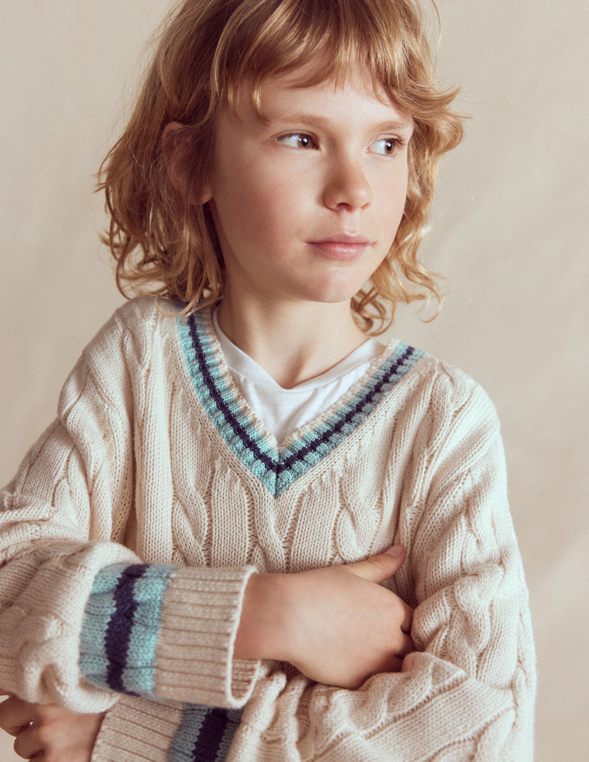 V-neck Cable Sweater-Ivory-2