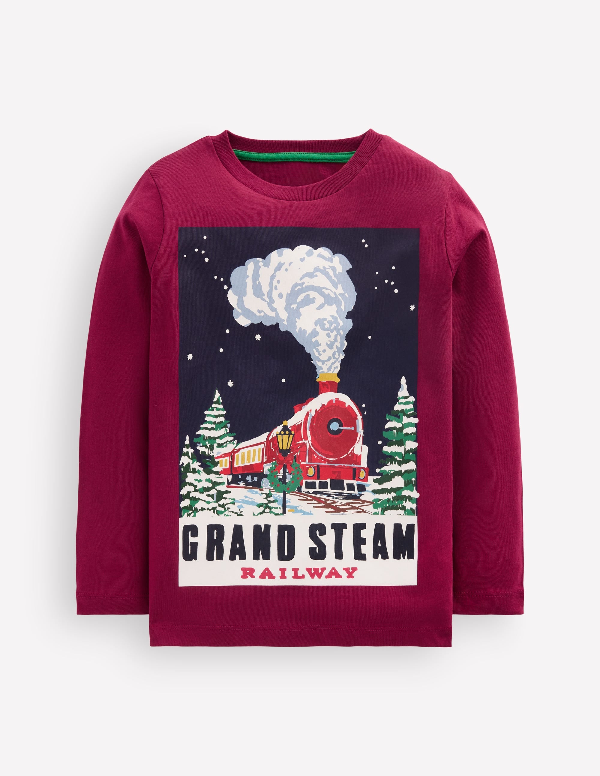Long Sleeve Printed T-shirt-Red Steam Train - Image 2