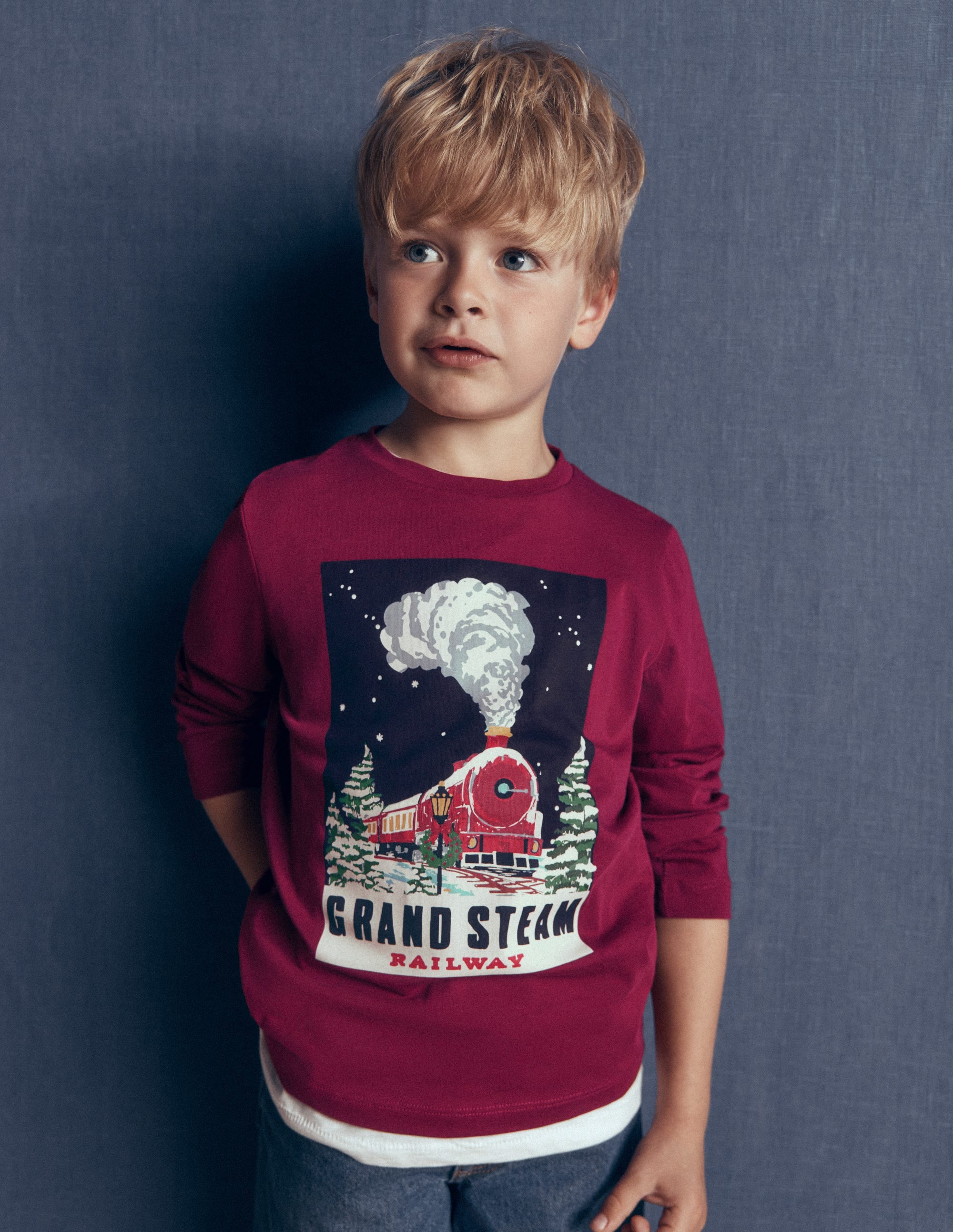 Long Sleeve Printed T-shirt-Red Steam Train - Image 1
