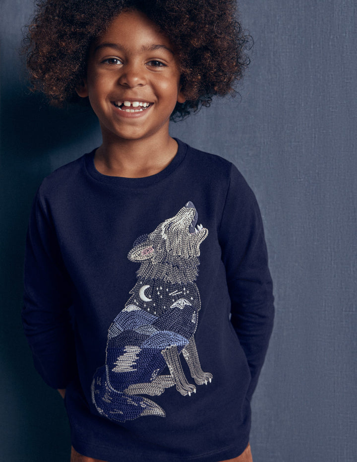 Glow Superstitch T-shirt-French Navy Scenic Wolf