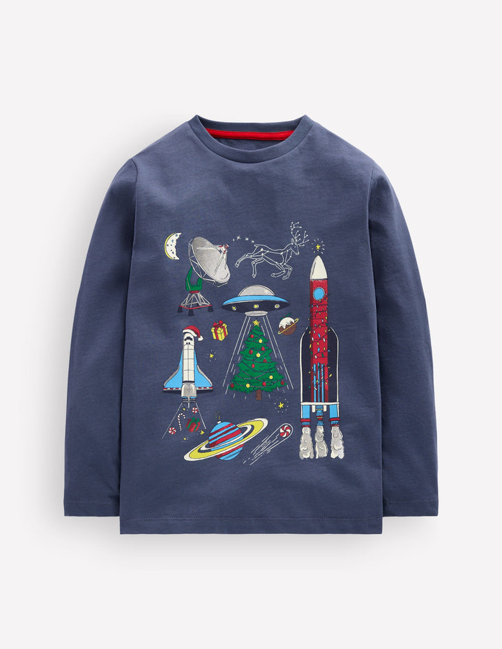 Long Sleeve Glow T-shirt-Vintage Indigo Christmas Space