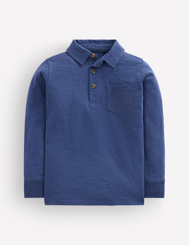 Long Sleeve Slub Polo-Denim Blue