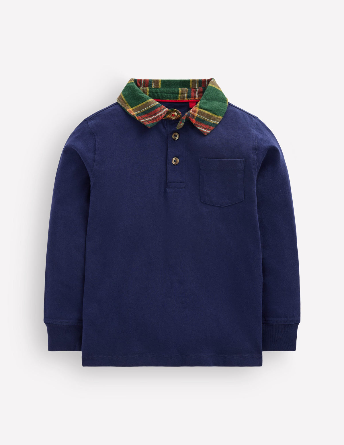 Long Sleeve Smart Polo Shirt-College Navy/Green Check - Image 1
