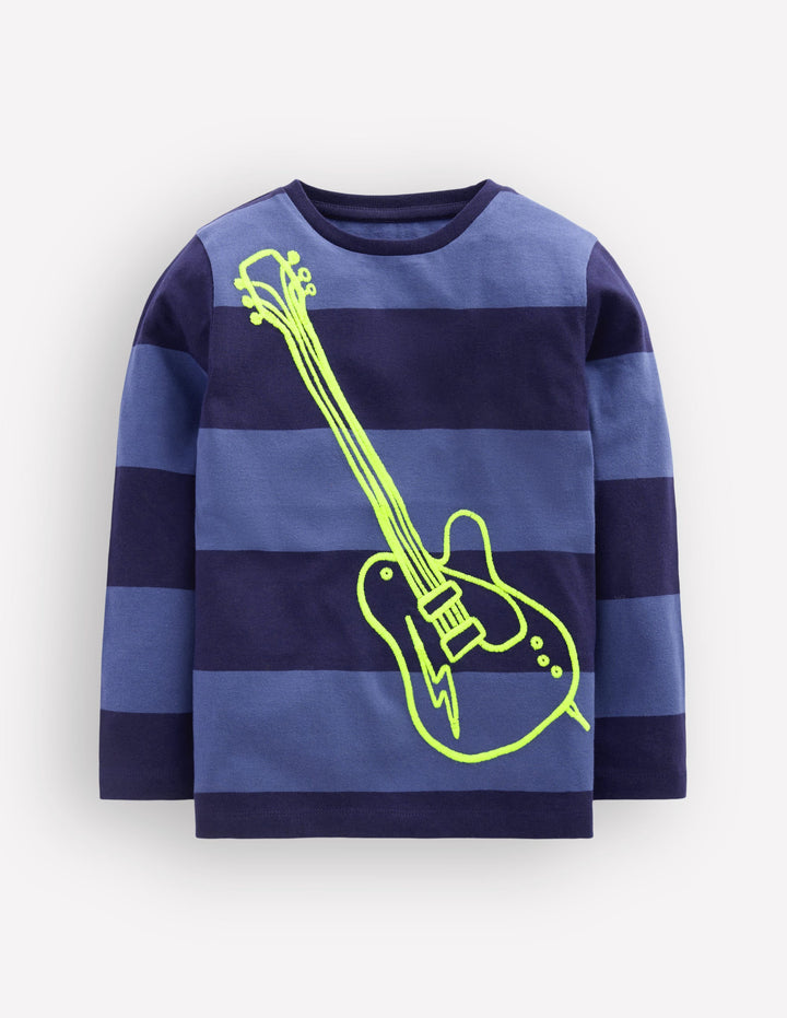 Striped Stitch Detail T-Shirt-Blue Stripe, Guitar