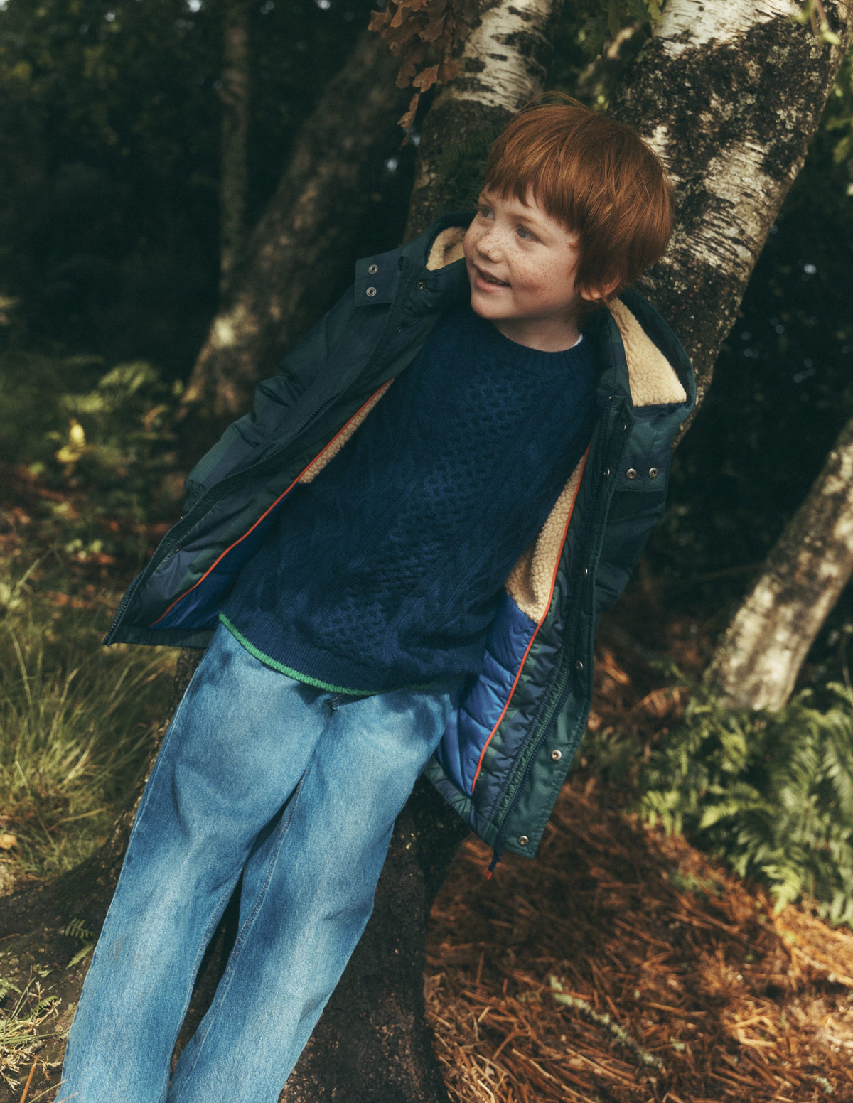 Mid-Length Baffled Coat-NAVY AND GREEN STRIPE - Image 1