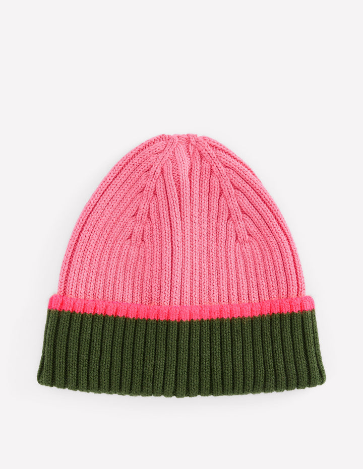 Girl's Cotton Ribbed Beanie-Pink Colourblock