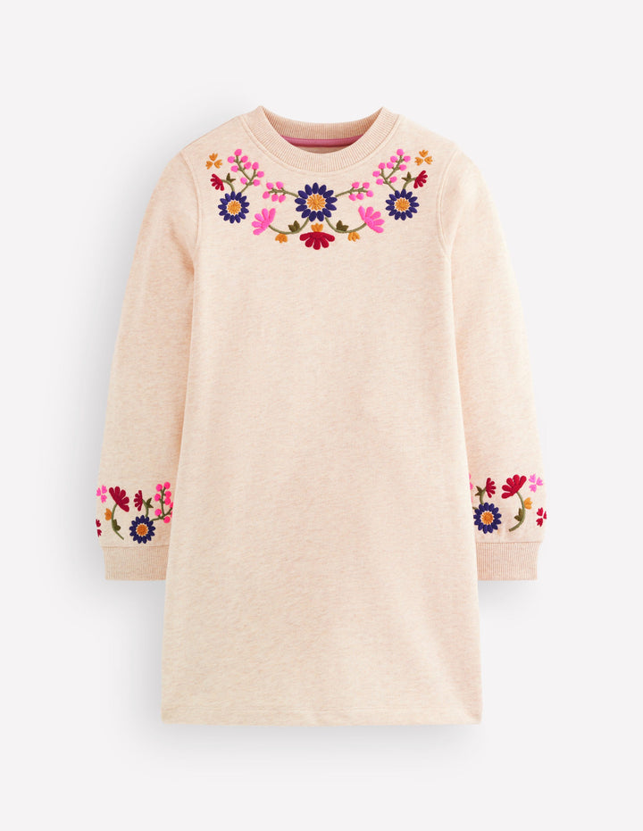 Ida Sweatshirt Appliqué Dress-Oatmeal Floral Embroidery