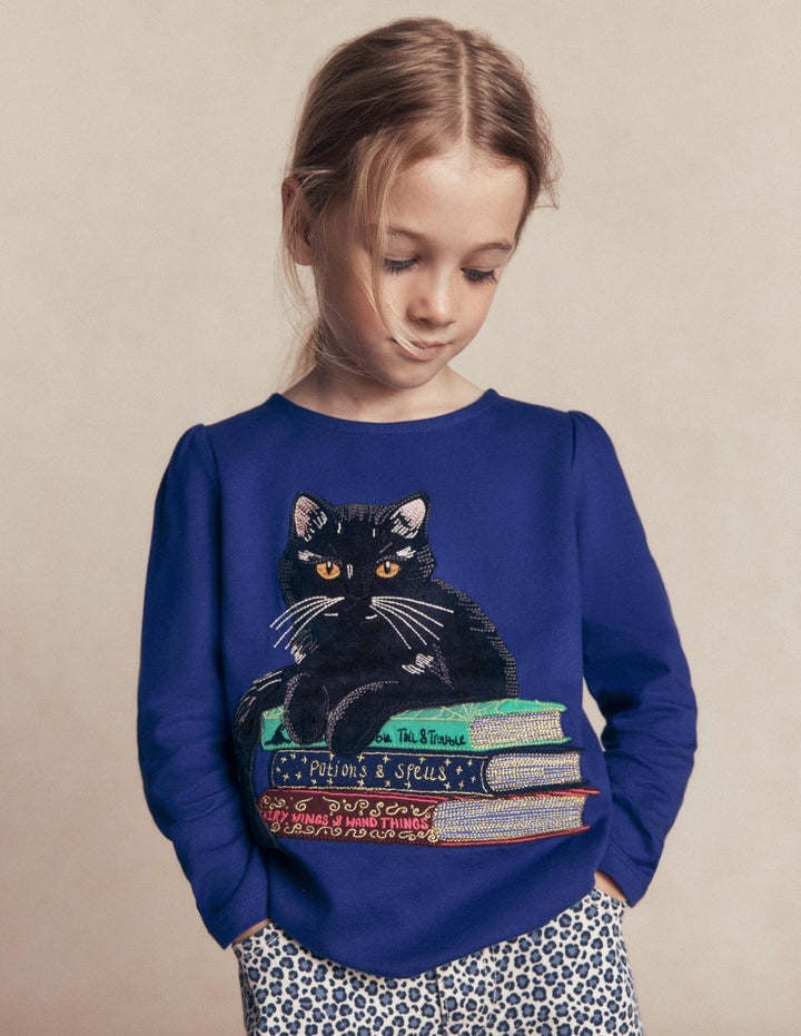 Puff Sleeve Appliqué  T-shirt-Bright Blue Cat