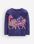 Puff Sleeve Appliqué  T-shirt-College Navy Horses