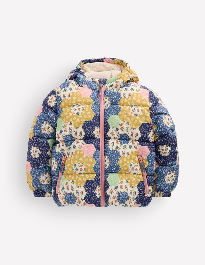 Fun Padded Coat-Patchwork Flowers