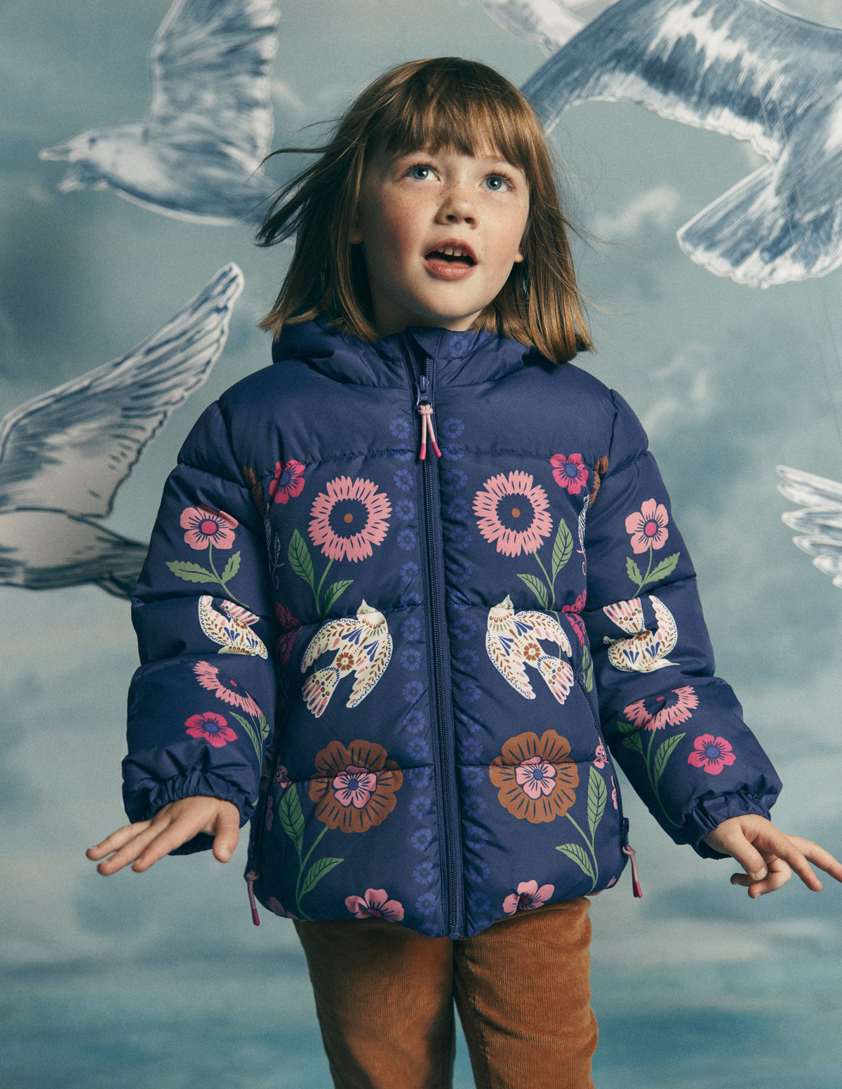 Fun Padded Coat-Navy Bird Placement Print-1