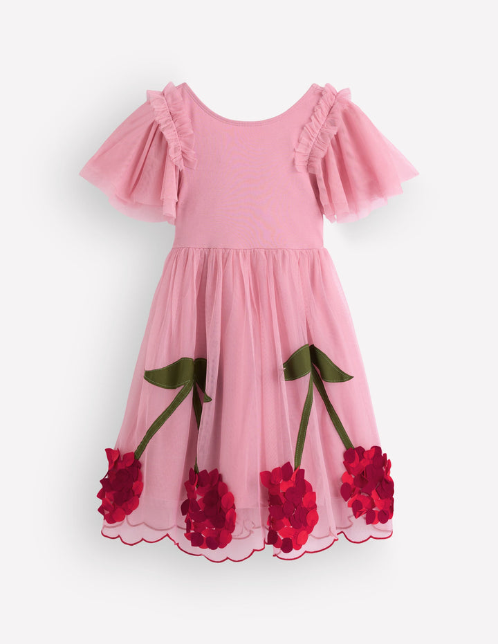 Short Sleeve Logo Tulle Dress-Pink Cherry Applique