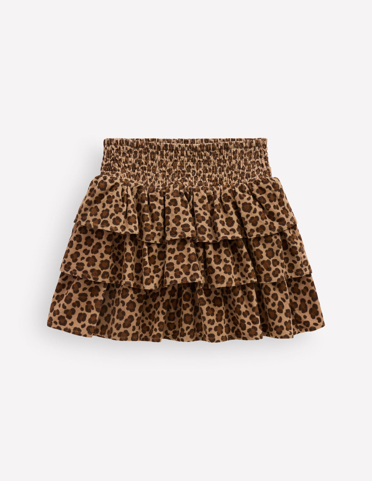 Smocked Waist Ruffle Skirt-Brown Leopard Cord-1