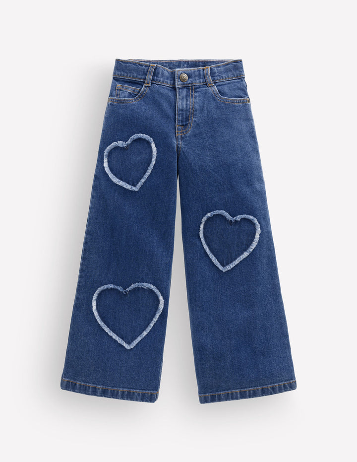 Wide Leg Jeans-Mid Wash Heart Applique