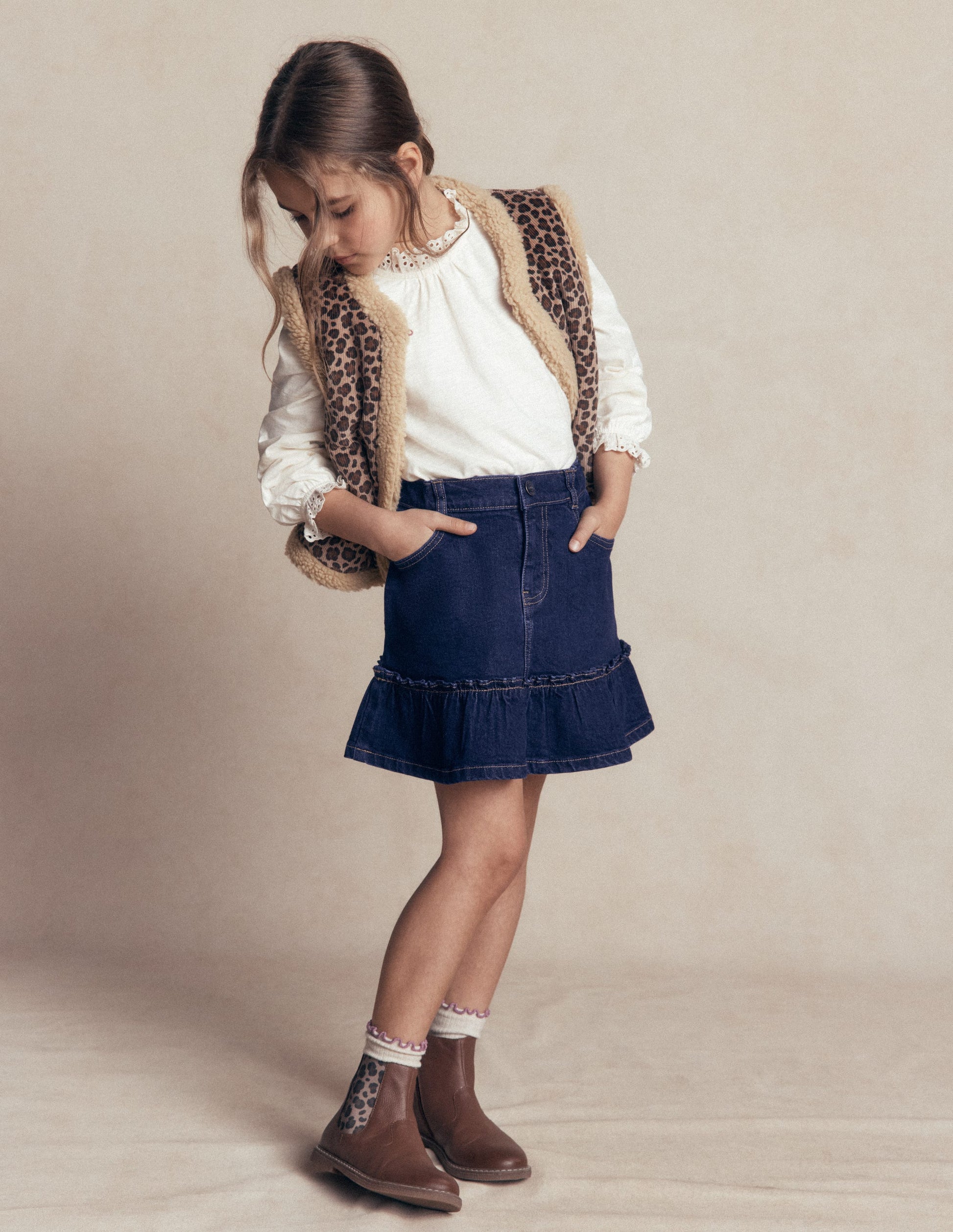 Frill Hem Denim Skirt-Dark Wash-1