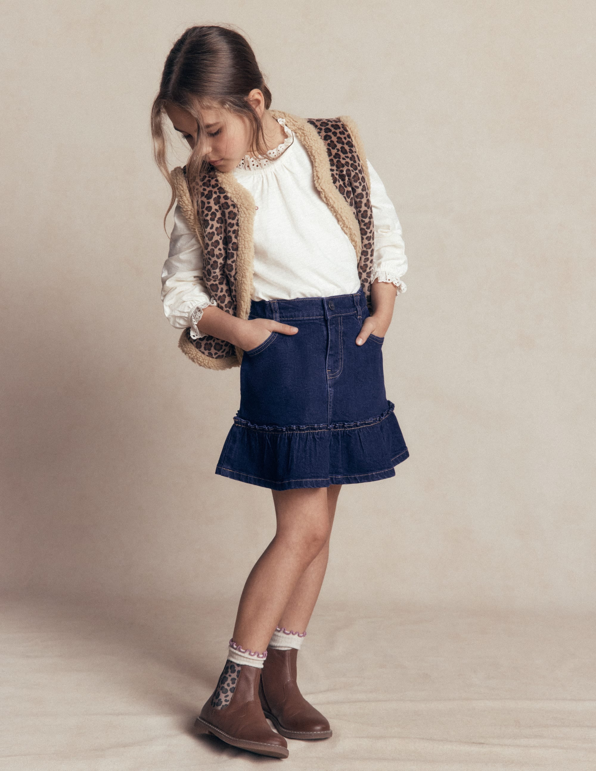 Frill Hem Denim Skirt-Dark Wash - Image 1