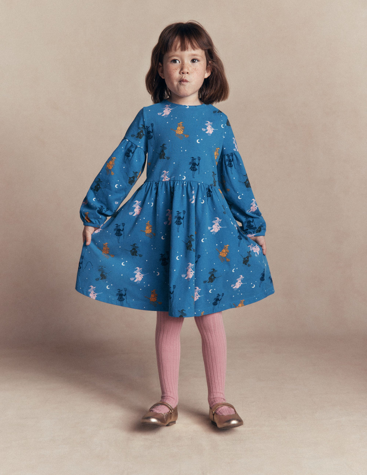 Madeline Blouson Sleeve Dress-Blue Halloween Witches-1