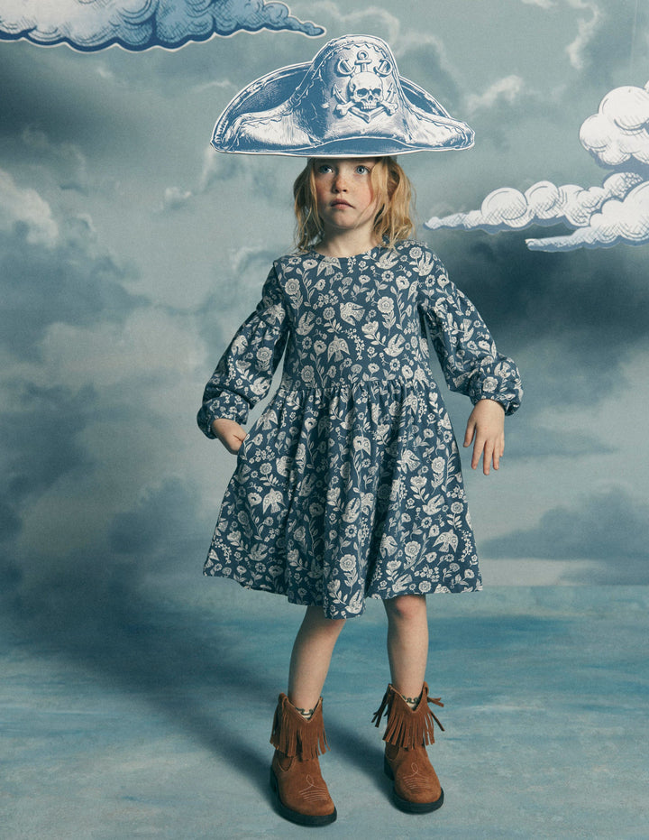 Madeline Blouson Sleeve Dress-Sapphire Blue Floral Bird