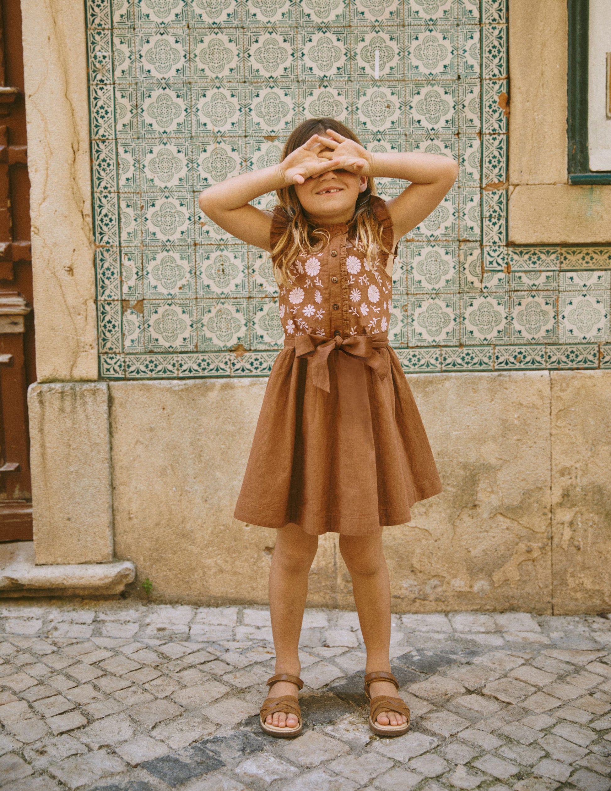 Boden Girls Ruffle Shirt Dress in Brown