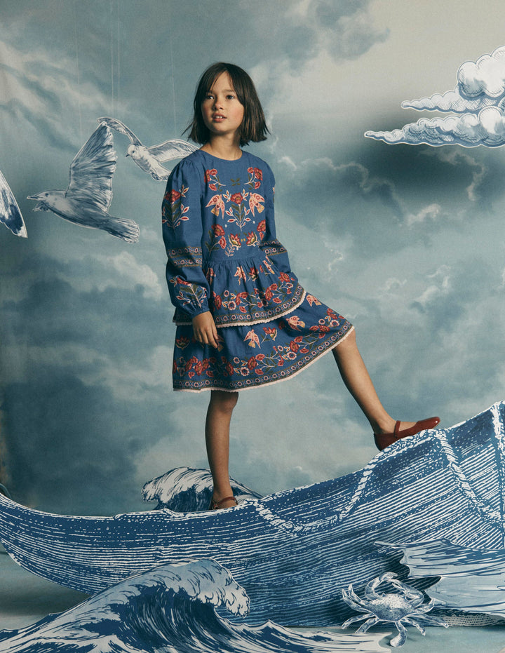 Printed Tiered Woven Dress-Blue Birds Placement
