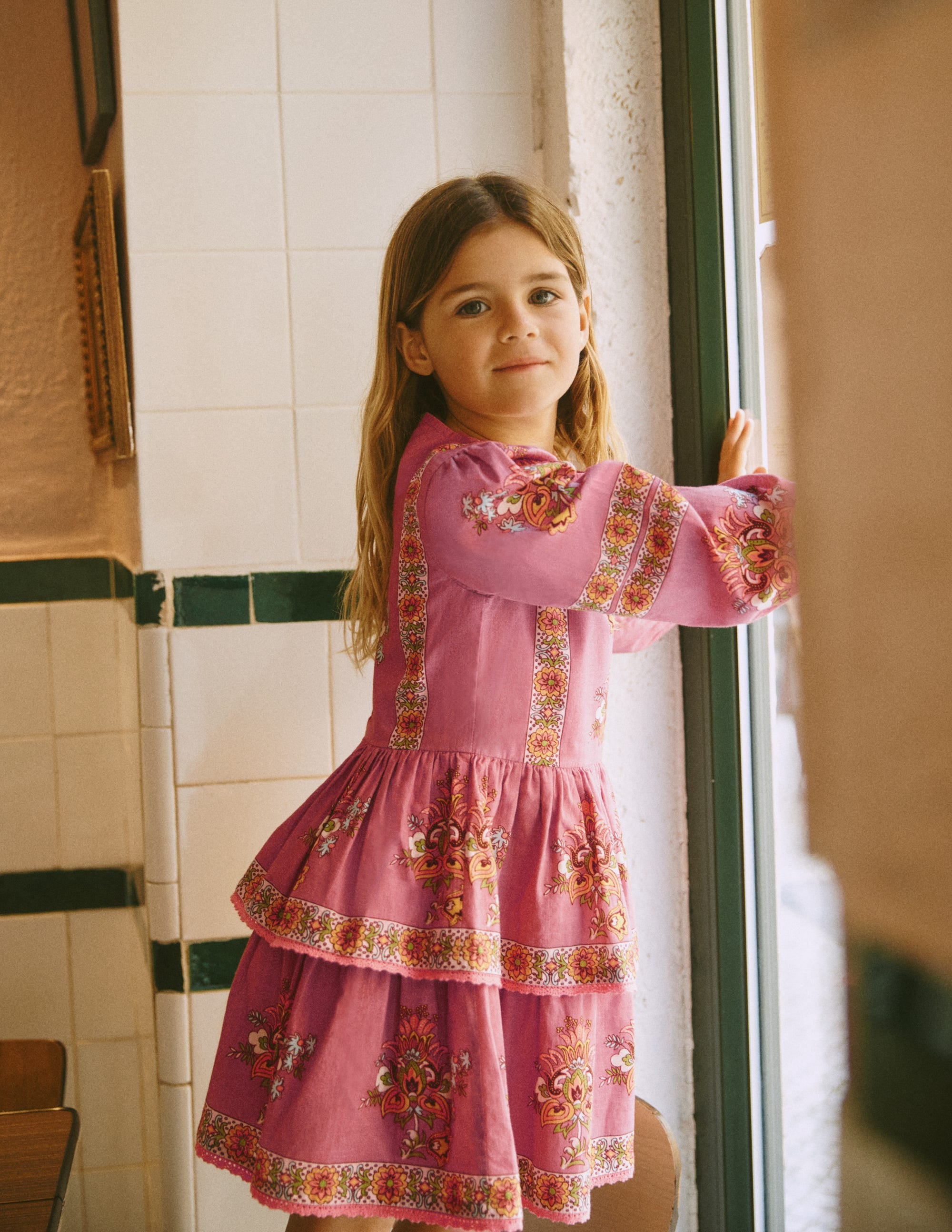 Printed Tiered Woven Dress-Pink Floral Placement - Image 1