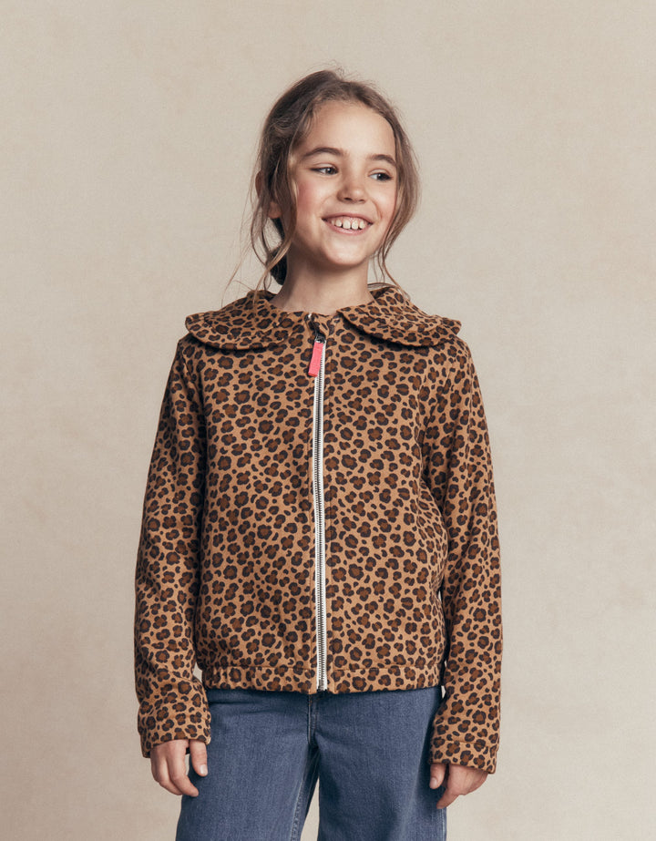 Printed Collared Zip-through-Milk Chocolate Brown Leopard