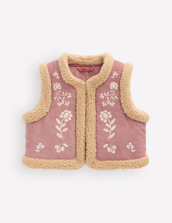 Borg Trim Vest-Pink Floral Embroidery