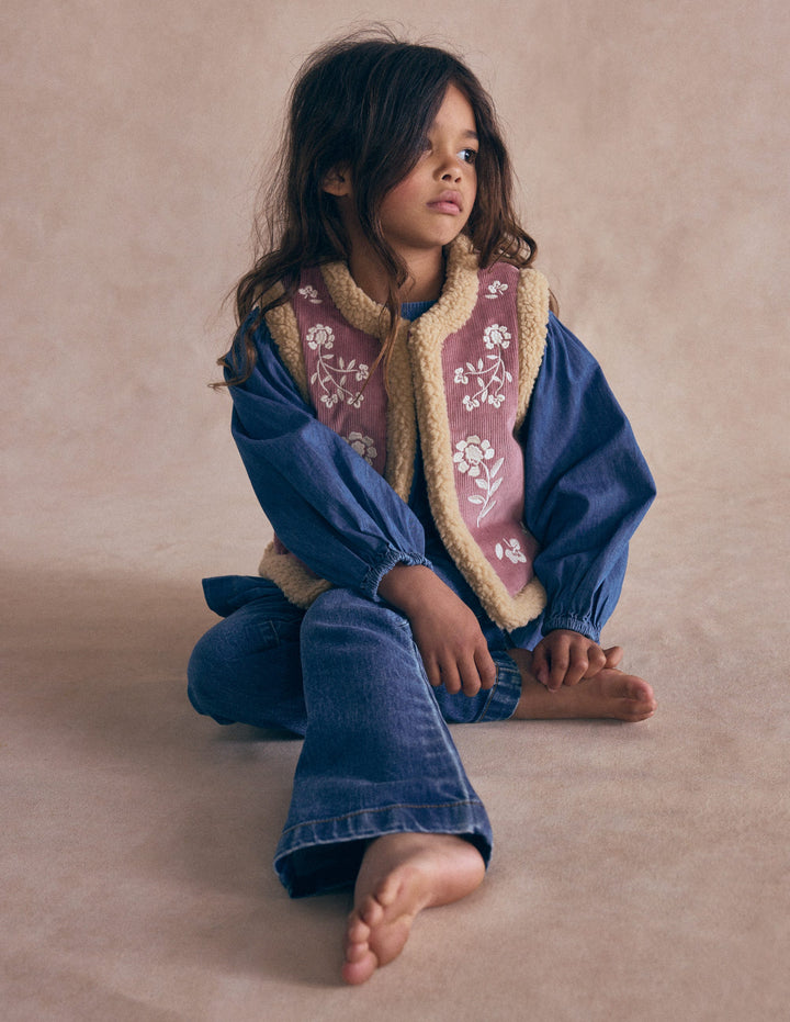 Borg Trim Vest-Pink Floral Embroidery
