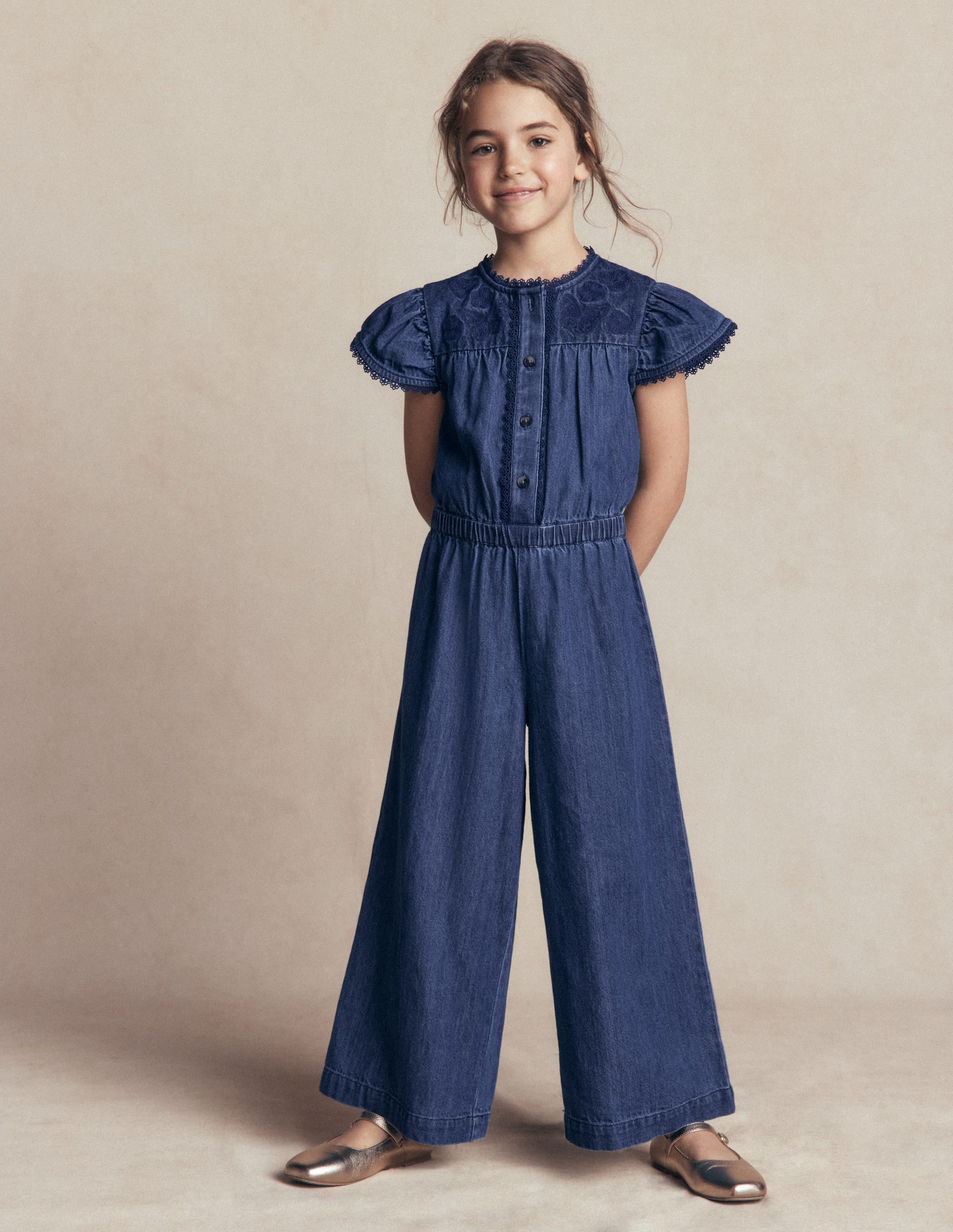 Flutter Sleeve Denim Jumpsuit-Mid Vintage - Image 1