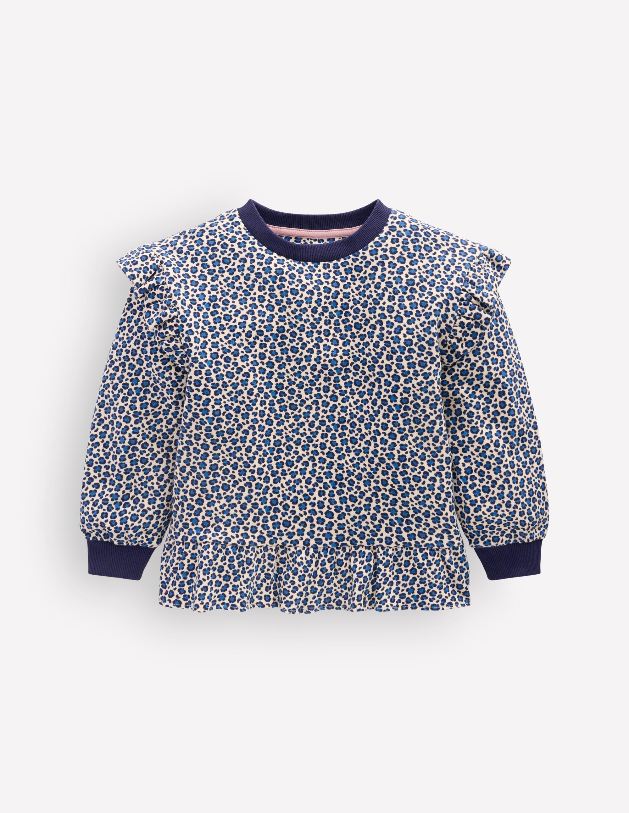 Pretty Frill Sweatshirt-Calico White/ Blue Leopard - Image 1