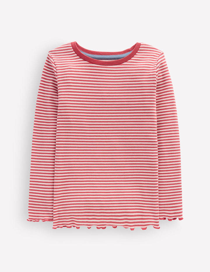 Ribbed Long Sleeve T-shirt-Pink/ Soft Ivory Stripe