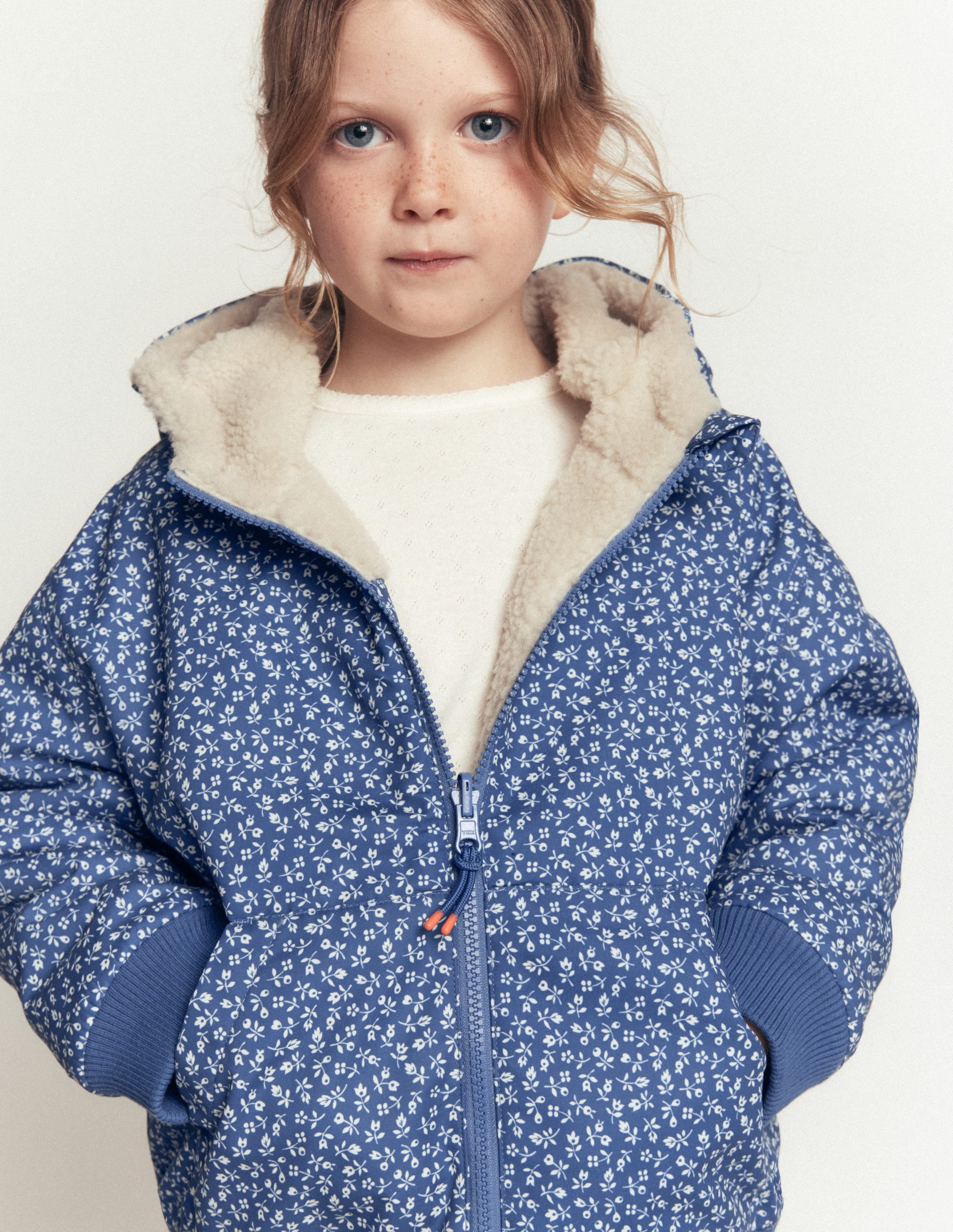 Reversible Borg Hooded Bomber-Bluejay Ditsy Floral - Image 1