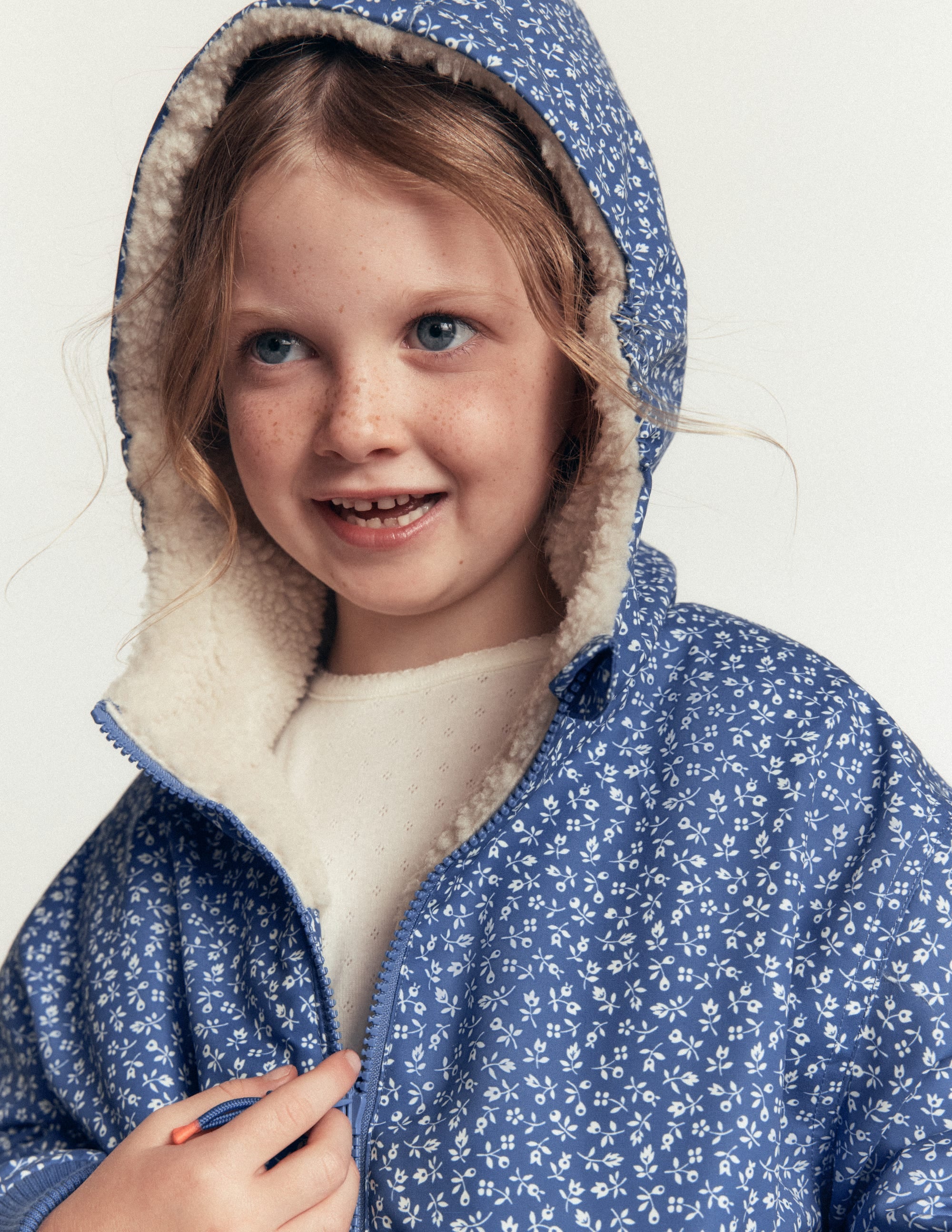 Reversible Borg Hooded Bomber-Bluejay Ditsy Floral - Image 2