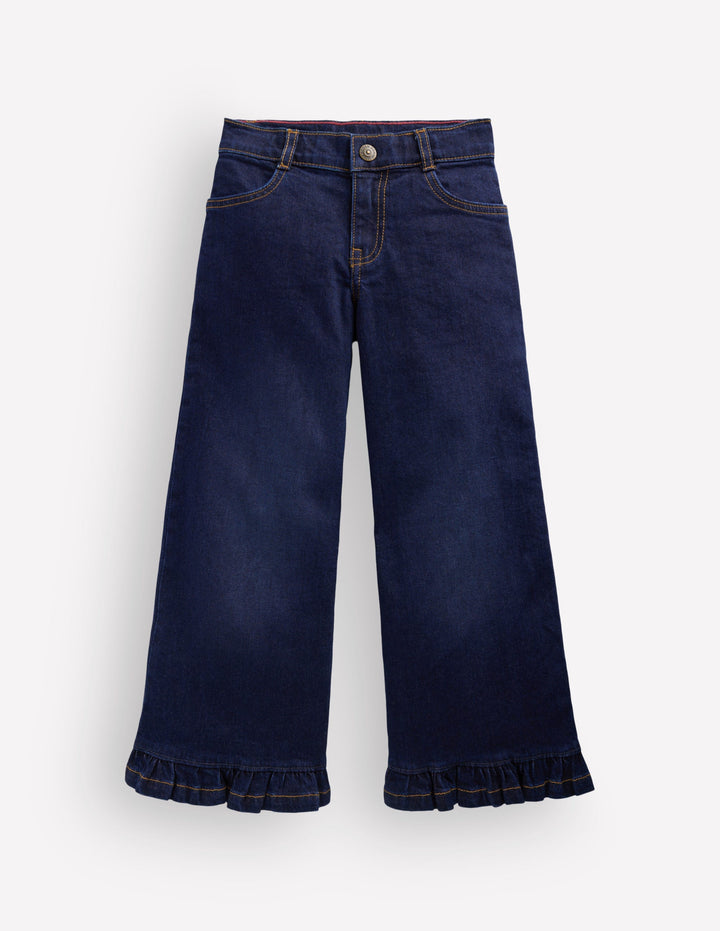 Wide Leg Frill Hem Jeans-Dark Wash