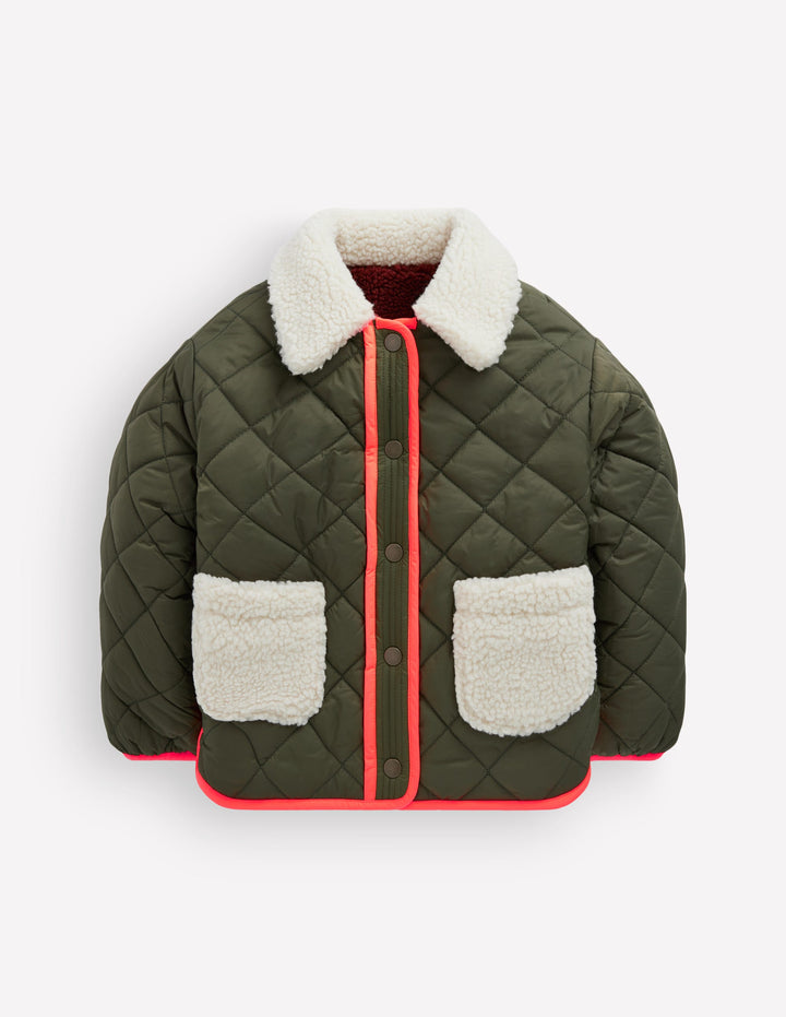 Reversible Borg Quilted Jacket-Falcon Green