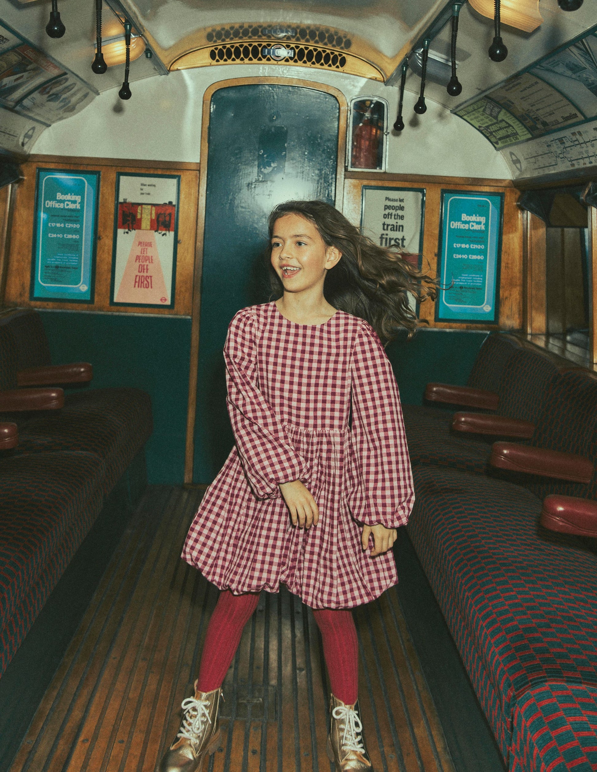Long Sleeve Bubble Hem Dress-Red Check-1