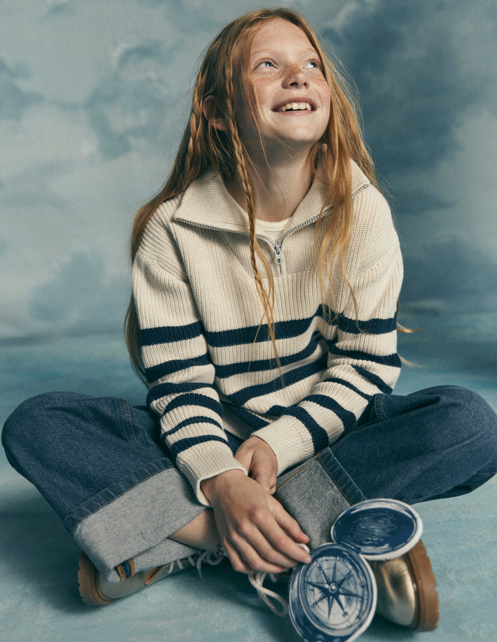 Zip Up Neck Sweater-Ecru Marl / Navy