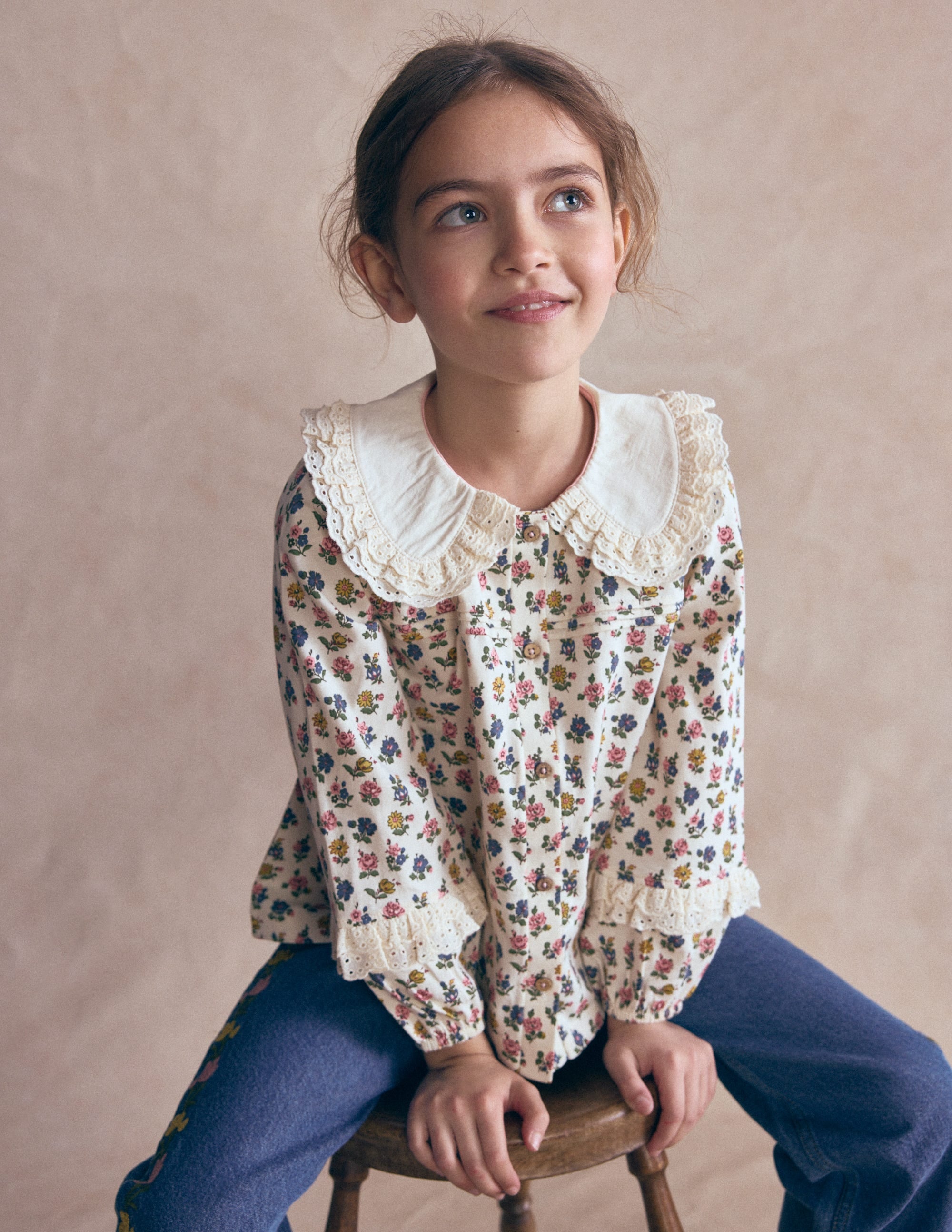 Broderie Collar Jersey Top-Vanilla White Floral - Image 1
