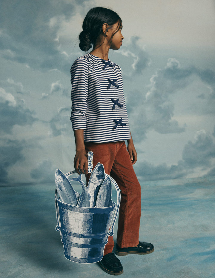 Rib Bow Trim Top-Navy Stripe