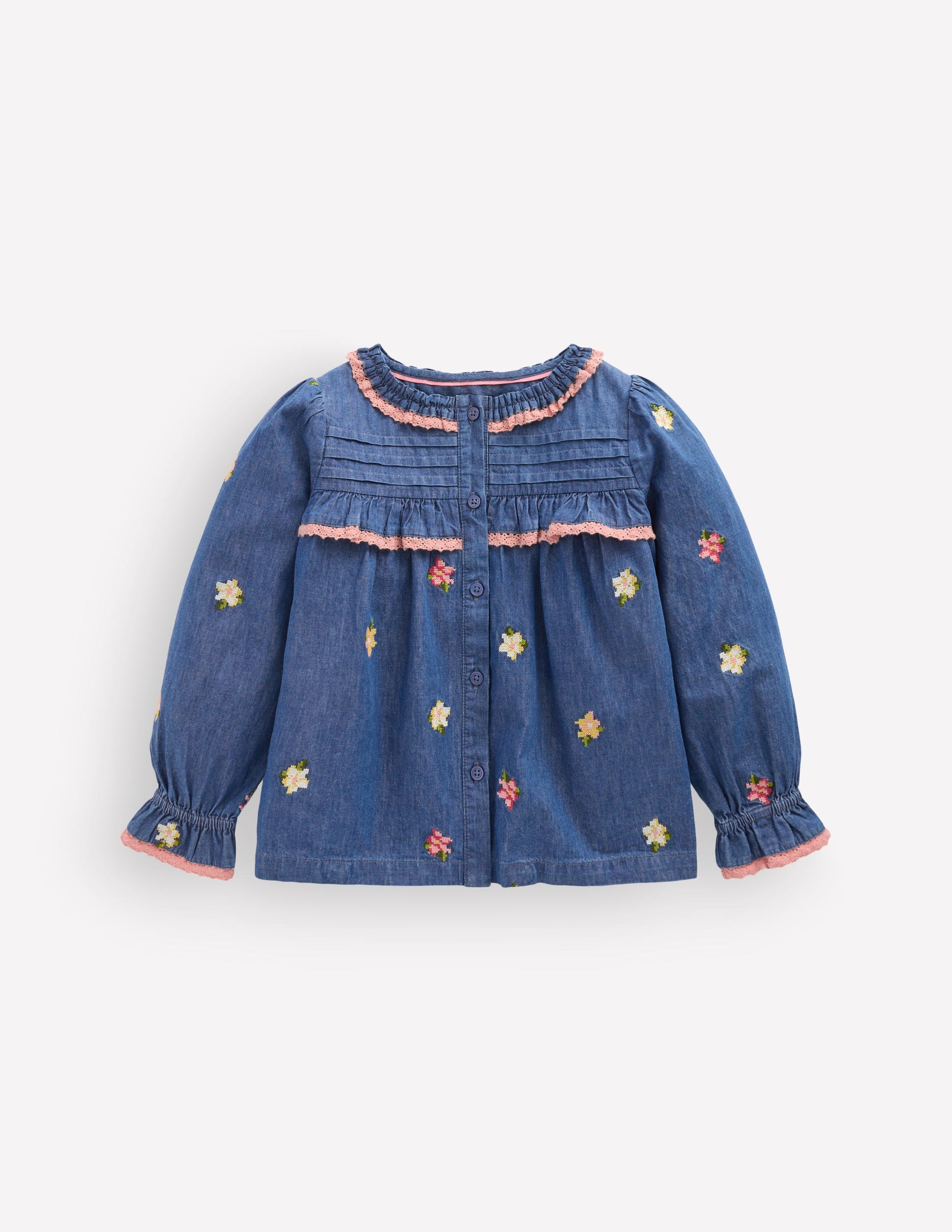 Frill Button Through Top-Chambray Embroidery-2