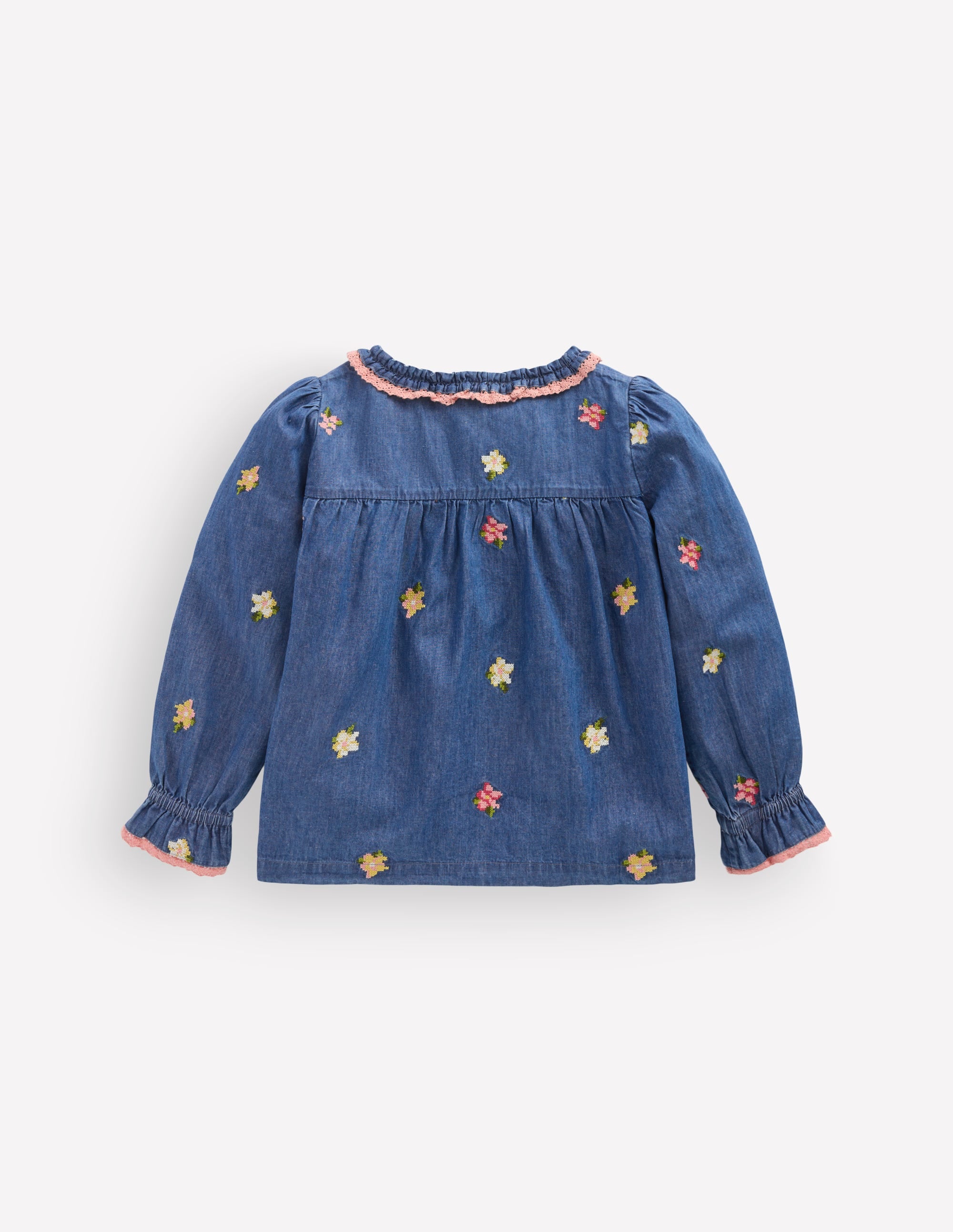 Frill Button Through Top-Chambray Embroidery - Image 3