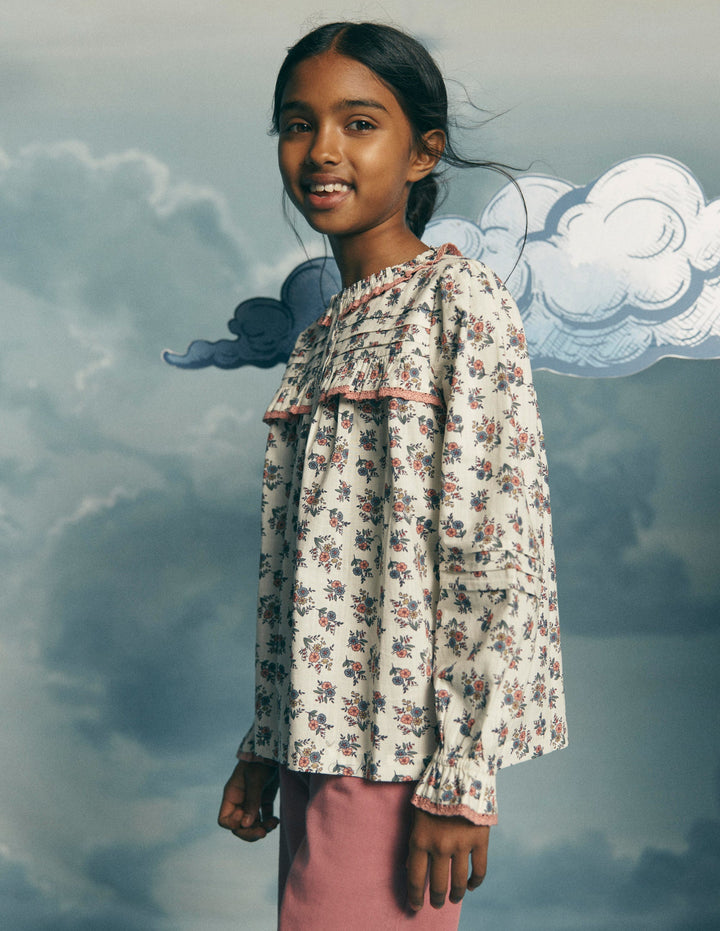 Frill Button Through Top-Soft Cream Floral Trellis