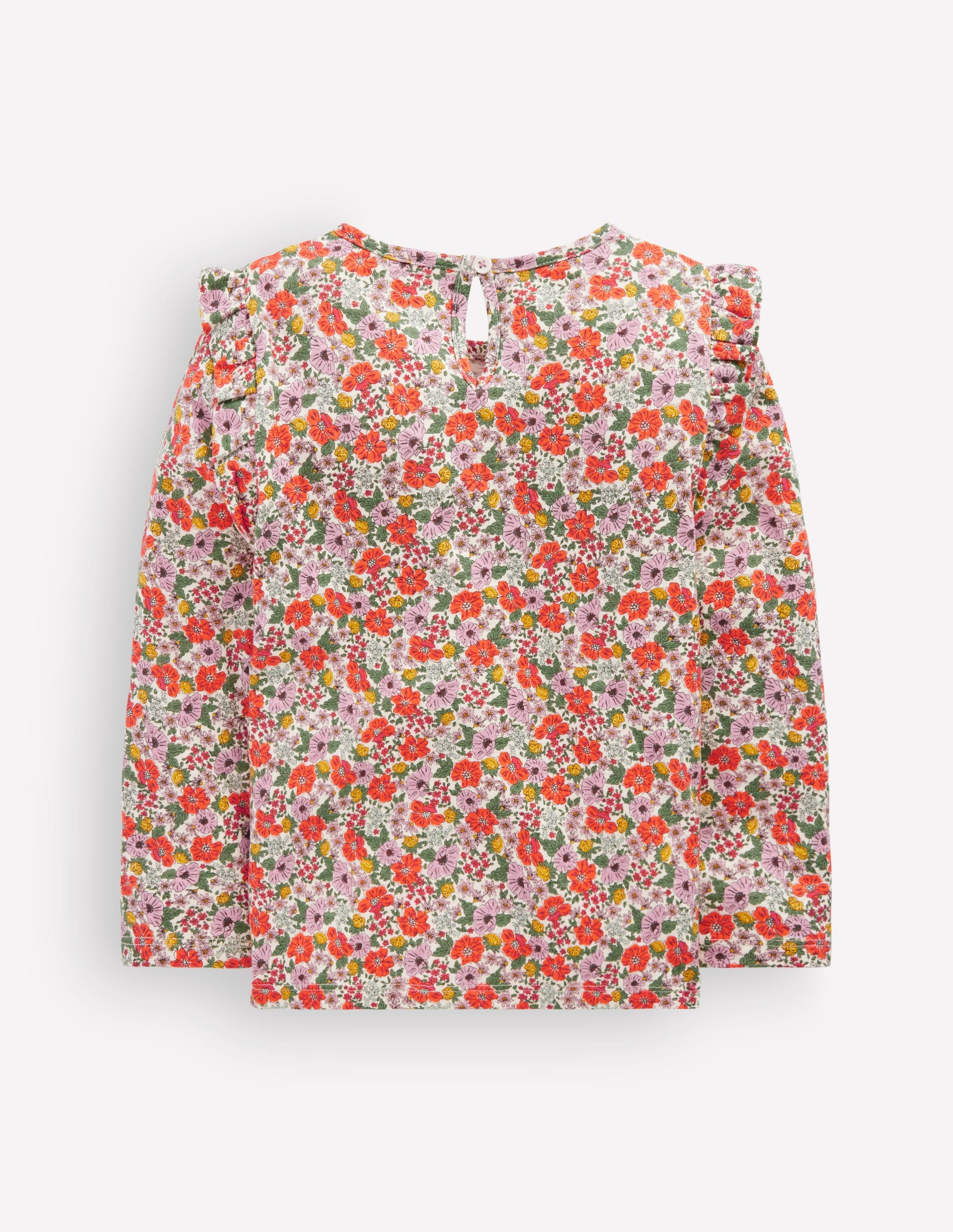 Frill Sleeve Slub Top-Soft Cream Garden Flowerbed-2
